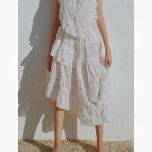 Anaak Delá Embroidered Asymmetrical Ruffle Midi Skirt Rouge Blanc Jamdani 0 XS